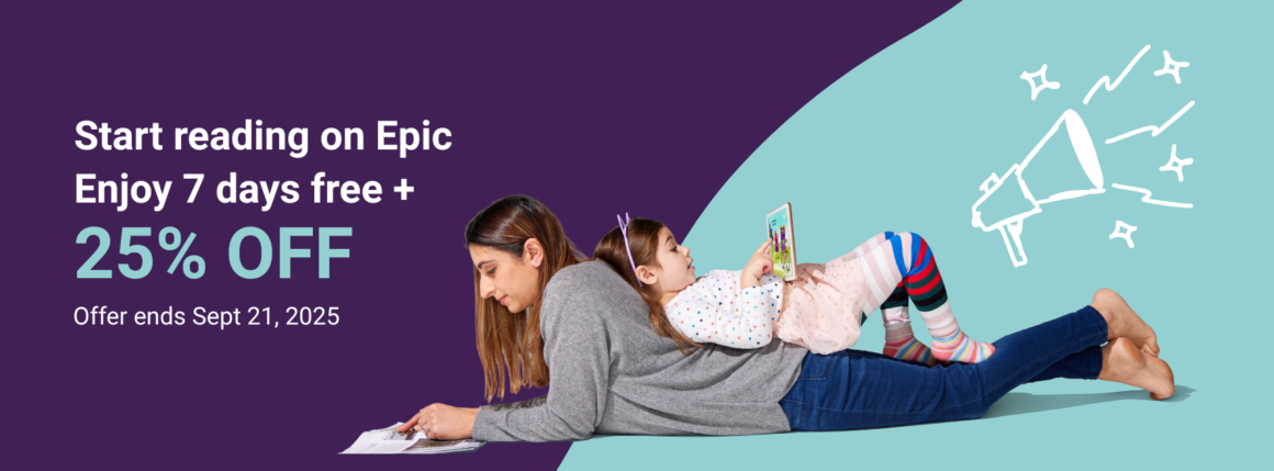 Banner promoting subscription with 25% off for kids’ books on Epic