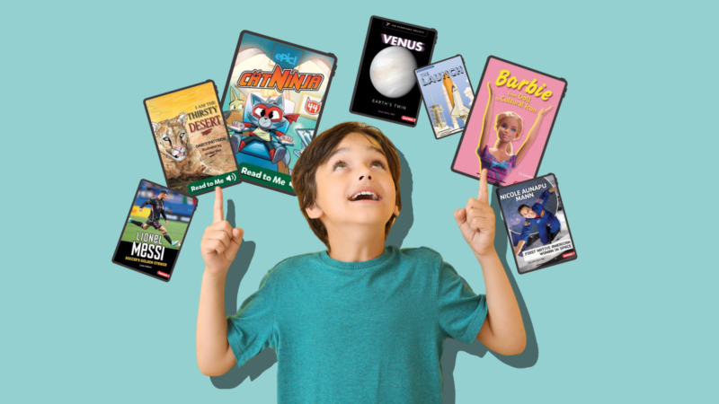 Hero image showing a colorful stack of September book releases for kids on Epic, including Read-To-Me and educational titles.