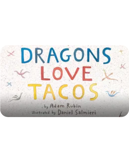 Cartoon dragon eating tacos surrounded by party decorations from the book Dragons Love Tacos.