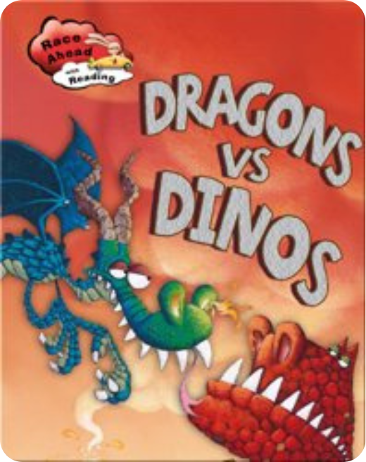 Cartoon dragon and dinosaur facing off in a funny storybook illustration.
