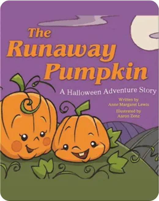The Runaway Pumpkin book cover featuring a giant rolling pumpkin and excited children chasing it.
