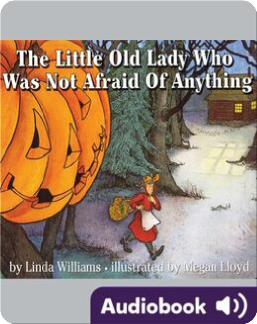 Illustrated cover of The Little Old Lady Who Was Not Afraid of Anything with animated shoes, pants, and a pumpkin.