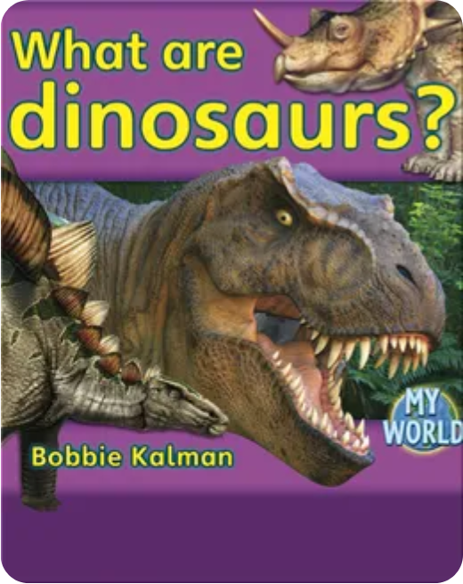 Illustrated dinosaurs in a prehistoric landscape with volcanoes and plants from What Are Dinosaurs?.