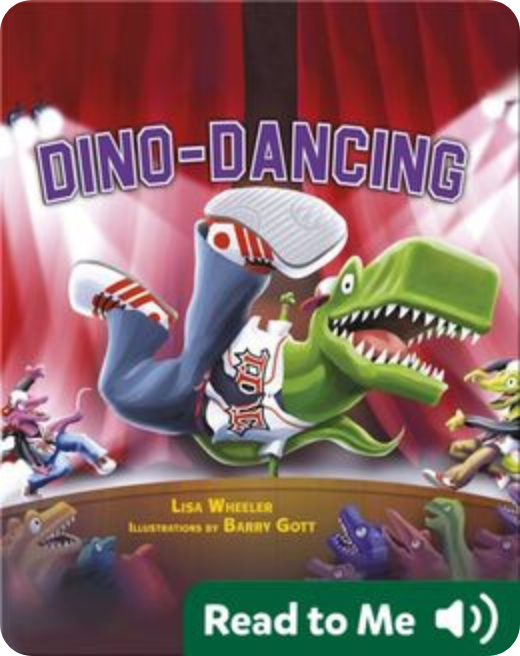 Cartoon dinosaurs dancing and having fun in a colorful children’s book illustration.