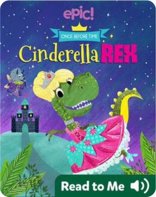 Cartoon dinosaur dressed as Cinderella wearing a tiara and dancing at the royal dino ball.