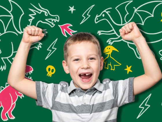 Kids reading online books about dinosaurs and dragons surrounded by colorful illustrations.