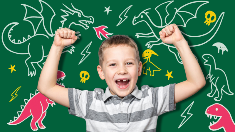 Kids reading online books about dinosaurs and dragons surrounded by colorful illustrations.