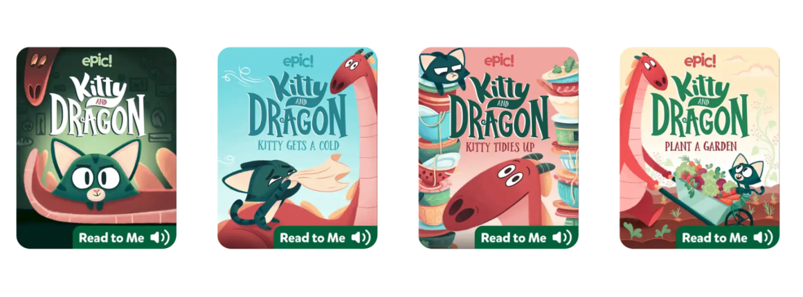 Illustration of a friendly dragon and curious cat reading together in a cozy cave from the Kitty & Dragon Collection.