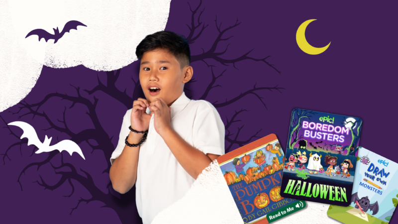 Students enjoying Halloween-themed classroom activities with books, crafts, and spooky decorations.
