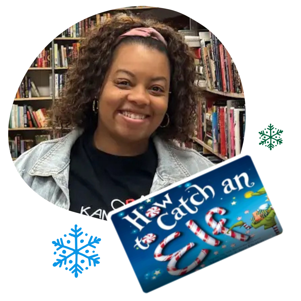 Ambassador Mrs. Montford with her book pick How to Catch an Elf for the Alphabet Elf Letter Hunt holiday classroom activity.