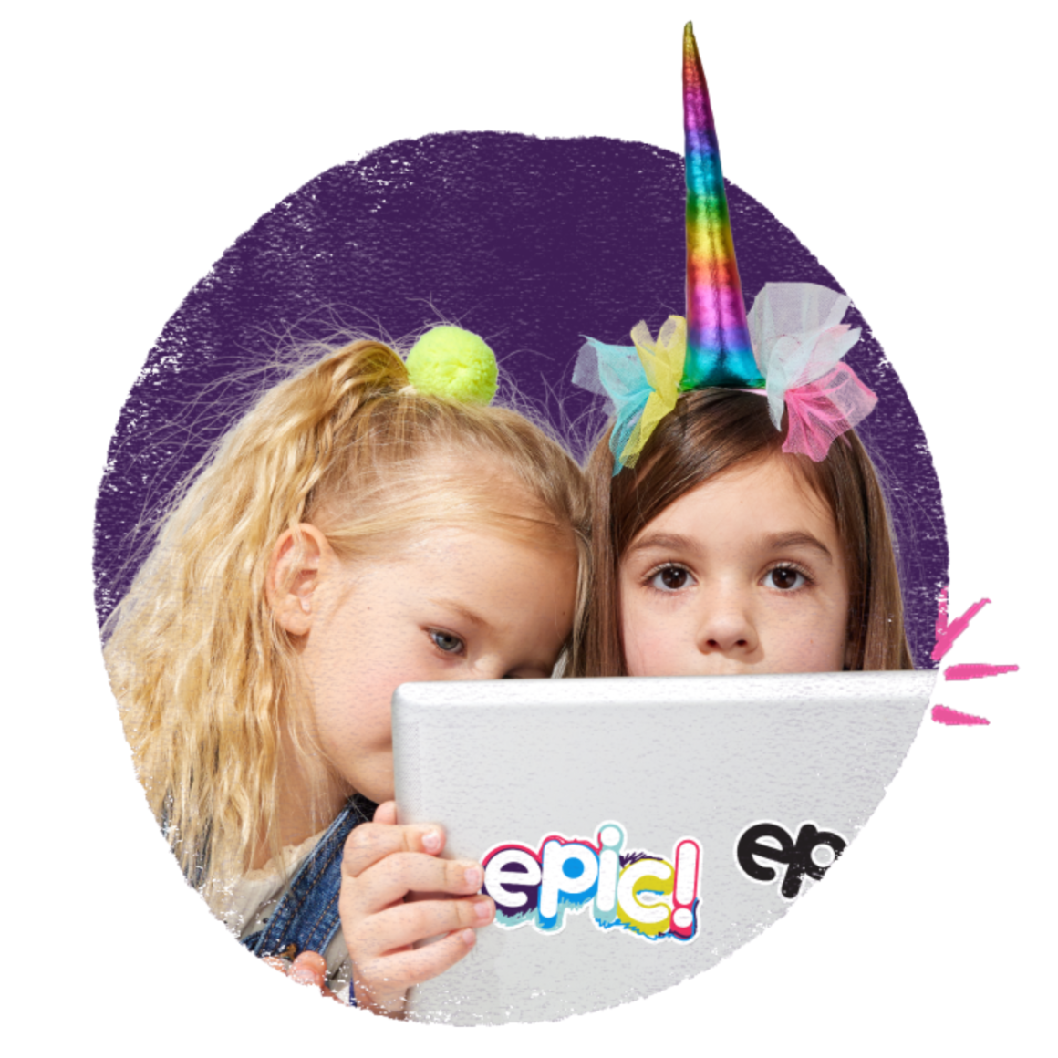 Children reading an Epic book together on a tablet at home