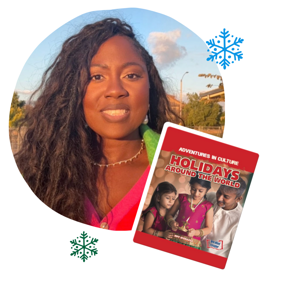 Ambassador Deltonya Rawlins Sayers with her book selections for a global “holiday flight” classroom experience.