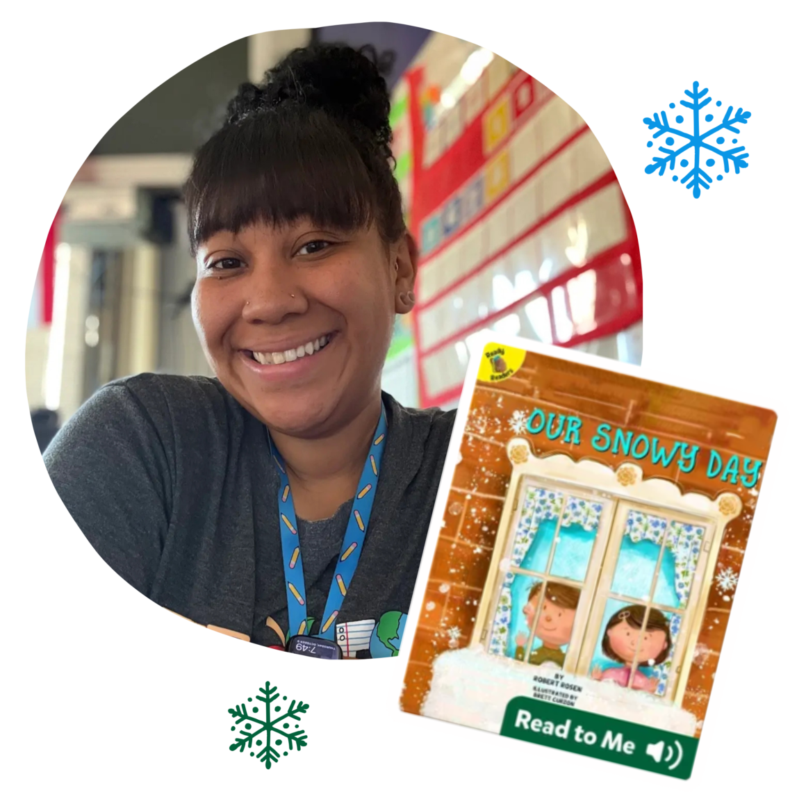 Ambassador Sabrina Jackson with her book pick Our Snowy Day for snow-themed writing discussions.