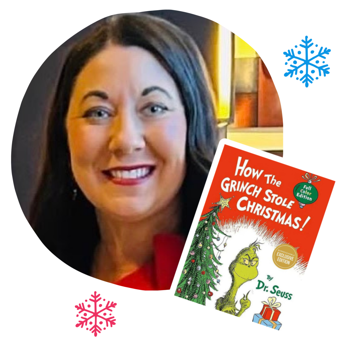 Ambassador Leslie Rennick with her book pick How the Grinch Stole Christmas for a daily December classroom activity.