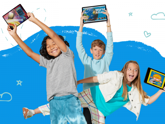 Kids reading books on a tablet using the Epic Books online app at home