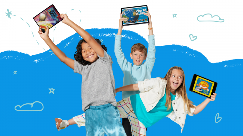 Kids reading books on a tablet using the Epic Books online app at home