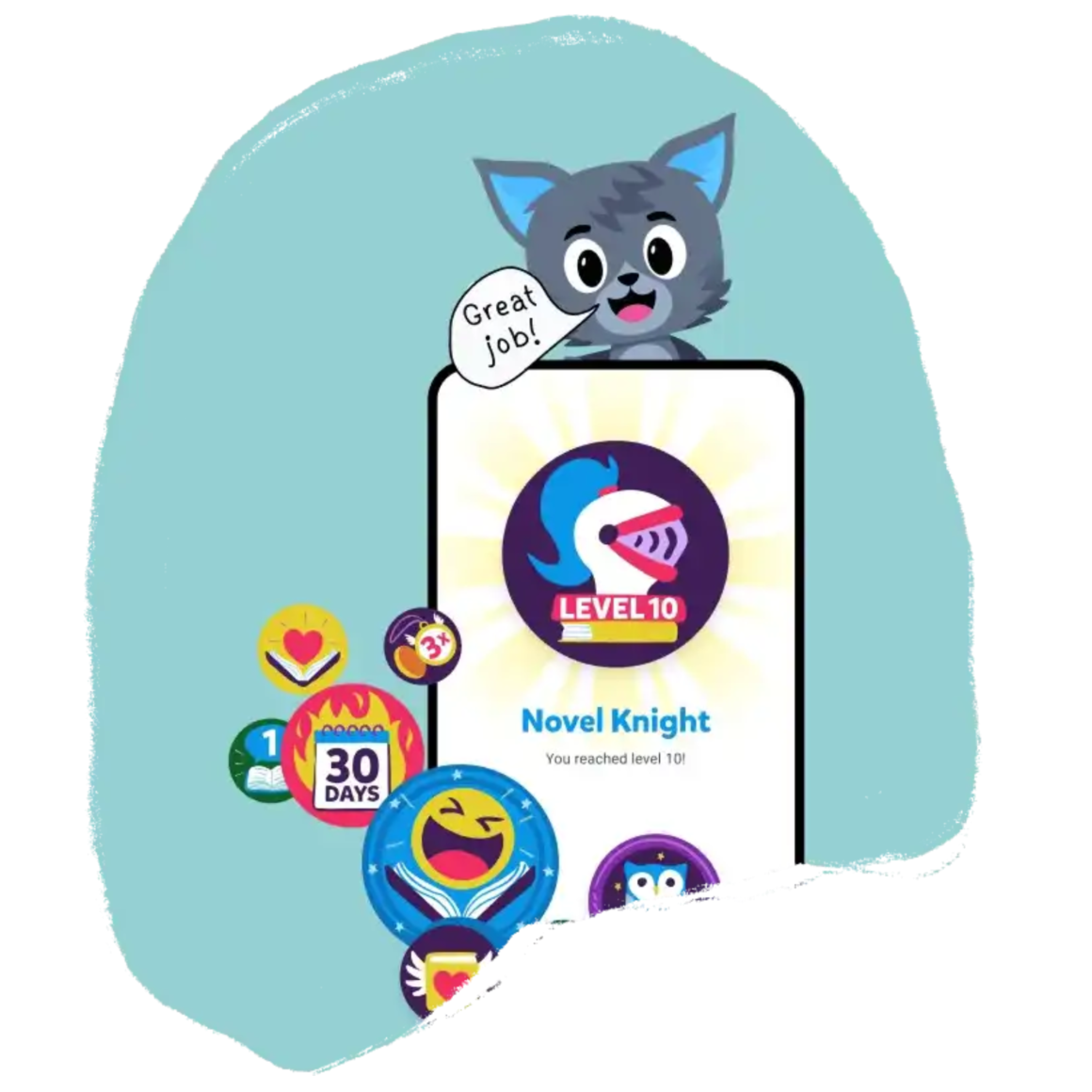 Cat character next to a smartphone screen showing Epic’s badge rewards system