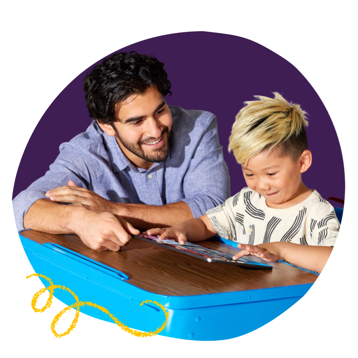 Teacher supporting a student during a learning activity in a classroom.