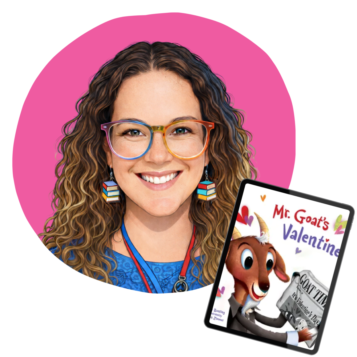 Ambassador Colleen Panzer with her book pick Mr. Goat’s Valentine by Eve Bunting for a goat-themed valentine bag craft activity with her 2nd graders.