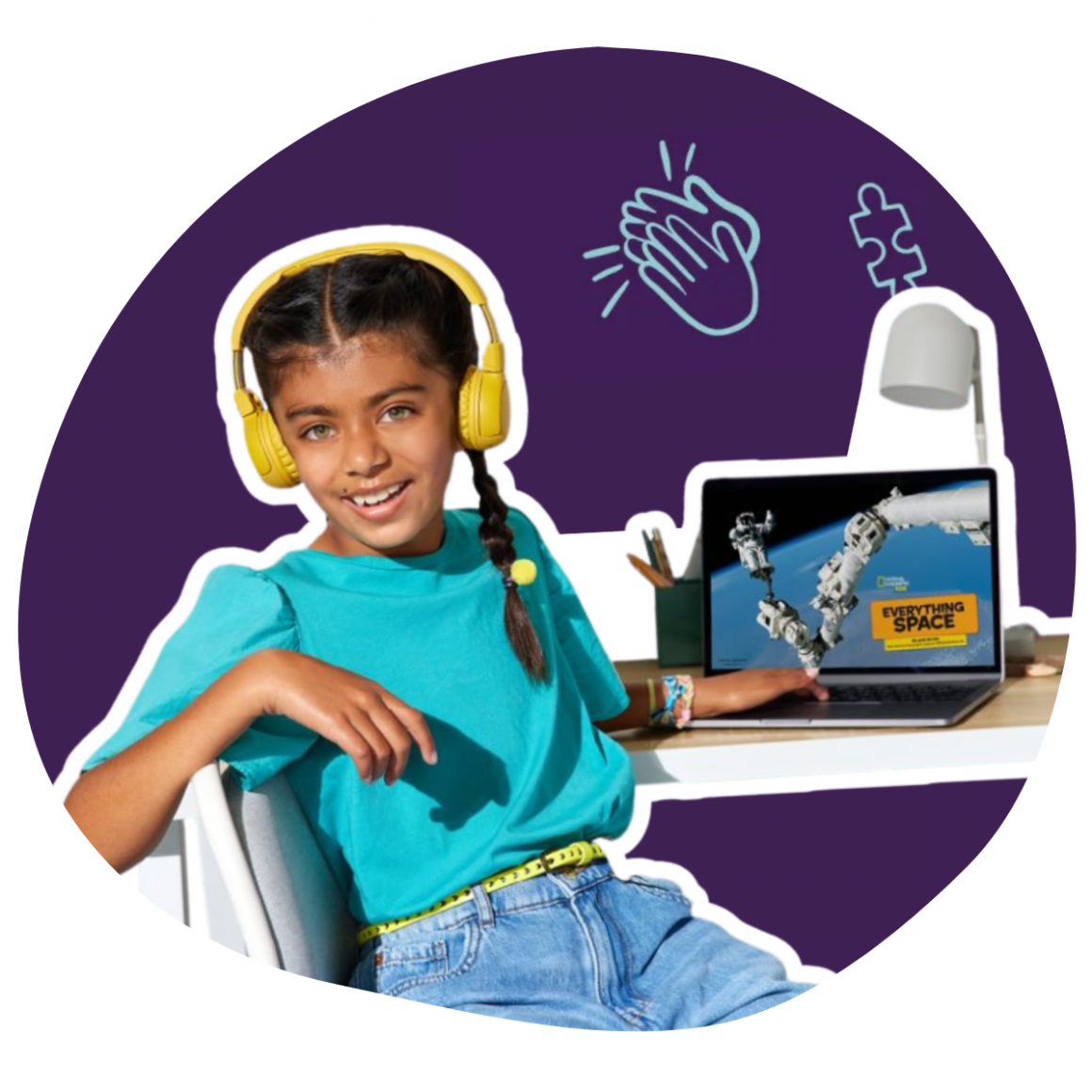 A young girl wearing headphones browses Epic’s digital library, taking advantage of built-in accessibility tools to support her reading.