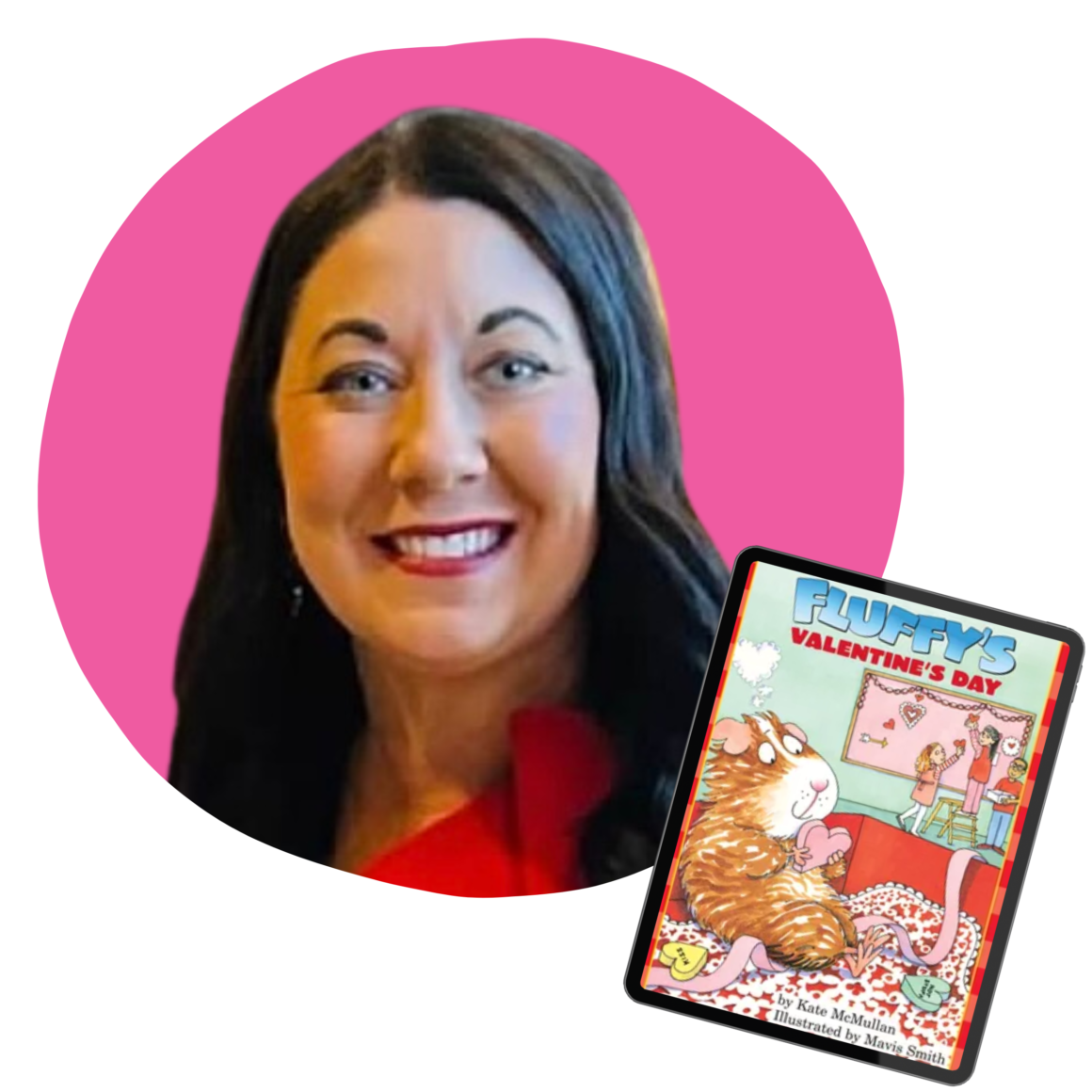 Ambassador Mrs. Leslie Rennick with her book pick Fluffy’s Valentine’s Day by Kate McMullan for a valentine writing and bag-decorating activity with her 3rd–5th graders.