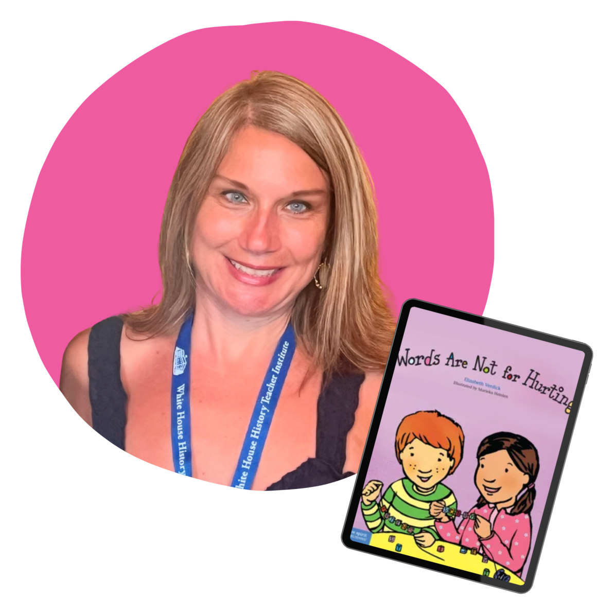 Ambassador Kristy Buchalla with her book pick Words Are Not For Hurting by Elizabeth Verdick for a kindness and SEL valentine activity with her 3rd graders.