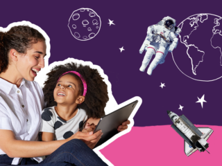 Parent and child smiling while reading on a tablet together, supporting reading comprehension for kids and active reading strategies