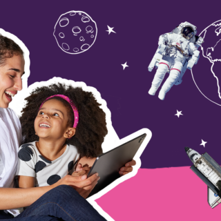 Parent and child smiling while reading on a tablet together, supporting reading comprehension for kids and active reading strategies