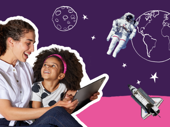 Parent and child smiling while reading on a tablet together, supporting reading comprehension for kids and active reading strategies