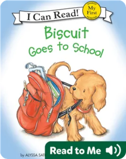 Cover of Biscuit Goes to School showing a small yellow dog with a red backpack