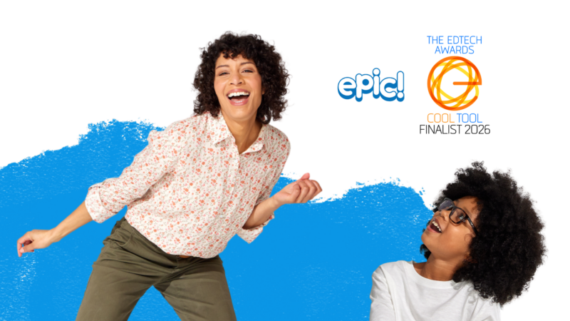 Smiling adult and child celebrating Epic named a finalist in the 2026 EdTech Awards by EdTech Digest.