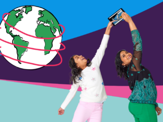 Child and adult holding a tablet while exploring global books, with illustrated globe in background.