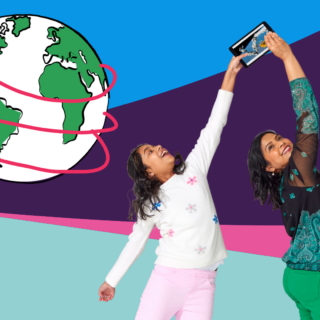Child and adult holding a tablet while exploring global books, with illustrated globe in background.