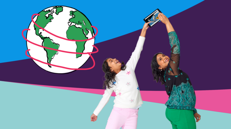 Child and adult holding a tablet while exploring global books, with illustrated globe in background.