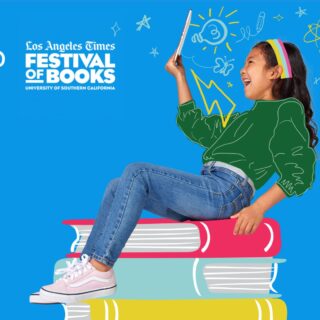Child sitting on a stack of books holding a tablet with illustrated doodles, promoting Epic at the Los Angeles Times Festival of Books