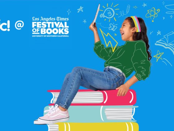 Child sitting on a stack of books holding a tablet with illustrated doodles, promoting Epic at the Los Angeles Times Festival of Books