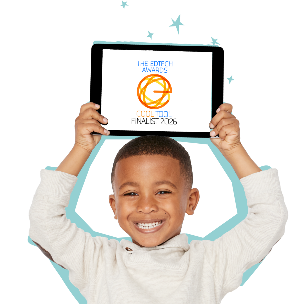Child holding tablet showing Epic as a 2026 EdTech Awards Cool Tool finalist.