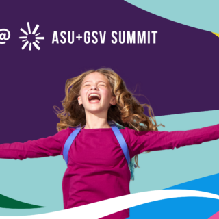 Passionate young reader with arms outstretched in excitement against a colorful Epic at ASU+GSV Summit banner.