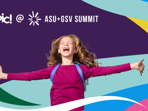 Passionate young reader with arms outstretched in excitement against a colorful Epic at ASU+GSV Summit banner.