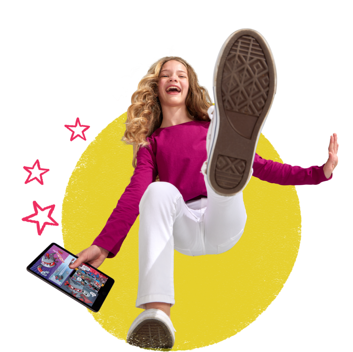 Cat Ninja fan holding a tablet displaying the Cat Ninja Epic Original while jumping with excitement.