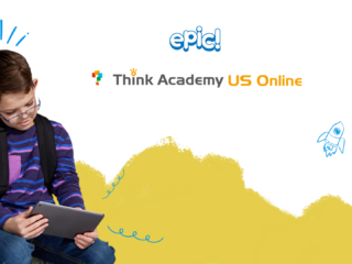 Young boy with glasses using a tablet next to Epic! and Think Academy US Online logos, representing a digital learning partnership.