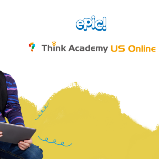 Young boy with glasses using a tablet next to Epic! and Think Academy US Online logos, representing a digital learning partnership.