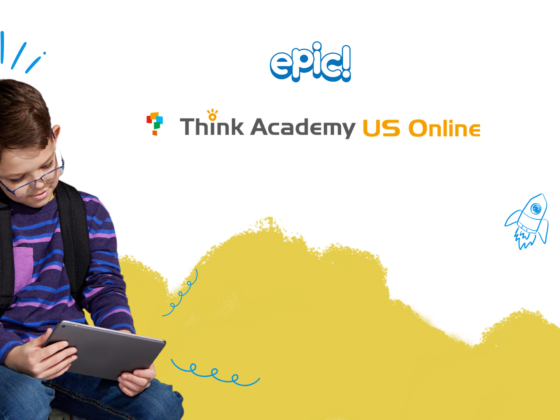 Young boy with glasses using a tablet next to Epic! and Think Academy US Online logos, representing a digital learning partnership.