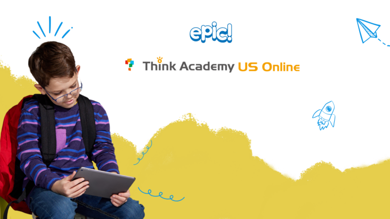 Young boy with glasses using a tablet next to Epic! and Think Academy US Online logos, representing a digital learning partnership.