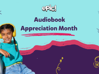 Epic graphic celebrating Audiobook Appreciation Month featuring a child wearing headphones
