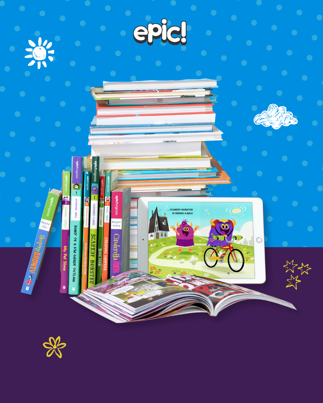Children's books, graphic novels and a tablet displaying a digital story are arranged together, showcasing the variety of accessible reading formats available on Epic.