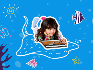 Elementary school student using a tablet for summer reading and learning activities