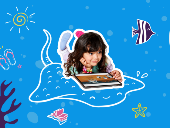Elementary school student using a tablet for summer reading and learning activities