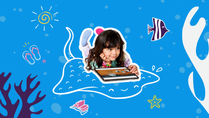 Elementary school student using a tablet for summer reading and learning activities
