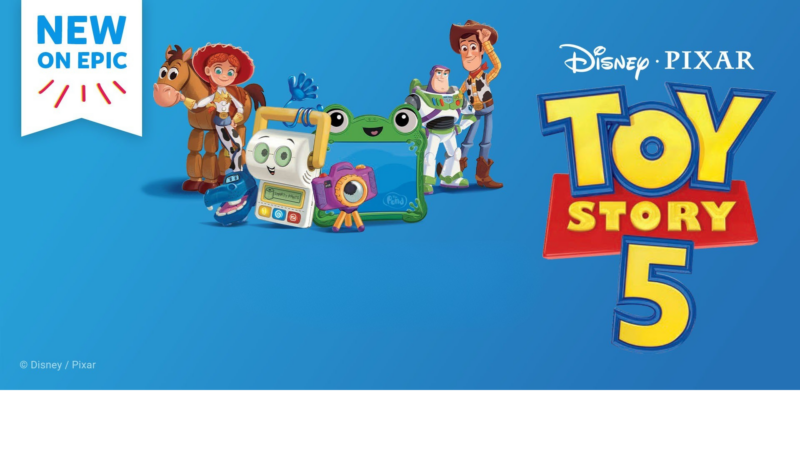 Disney and Pixar Toy Story 5 inspired books now available on Epic featuring Woody, Buzz Lightyear, Jessie, Bullseye, and other Toy Story characters.